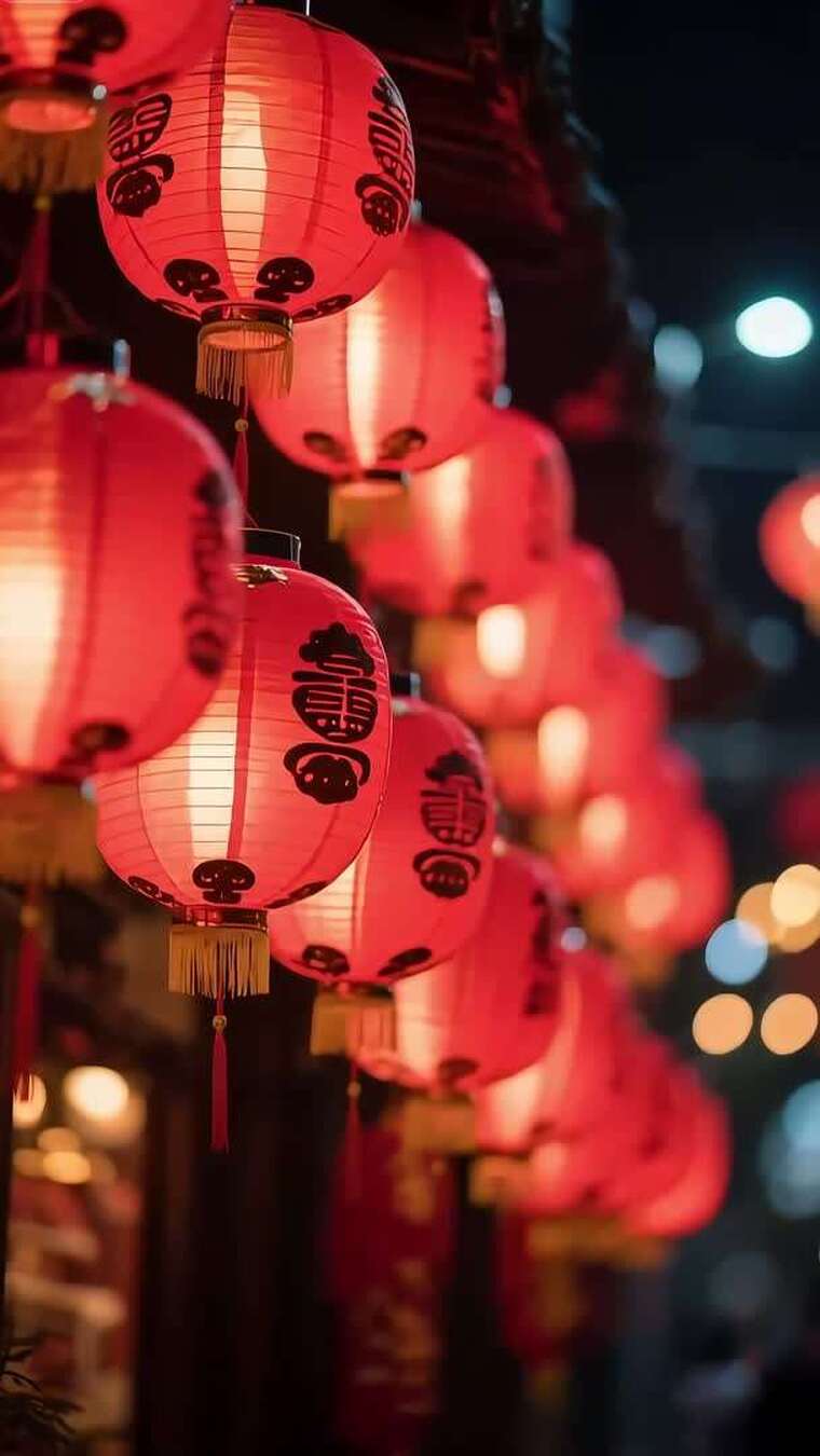 夜晚悬挂的中式红灯笼
