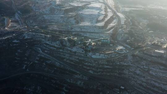 安徽省马鞍山市高采铁矿场冬季雪景日出航拍