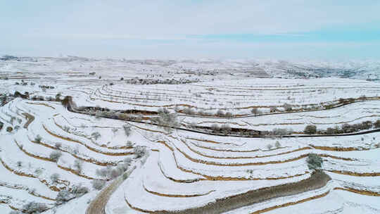 航拍大雪覆盖的农村村庄、大雪覆盖大地