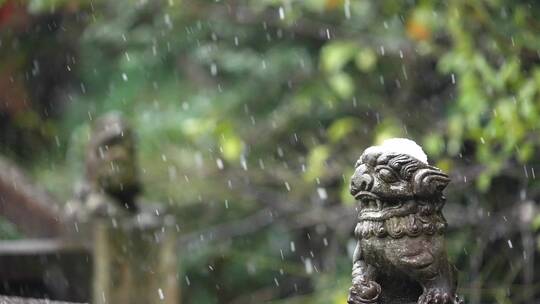 冬天下雪花纷飞江南园林石狮子特写升格