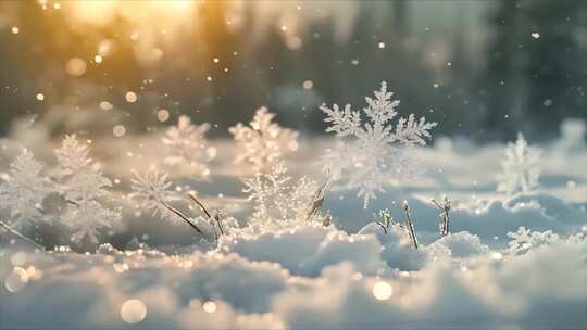 冬天雪花雪景下雪天冰晶雪花特写空镜头唯美