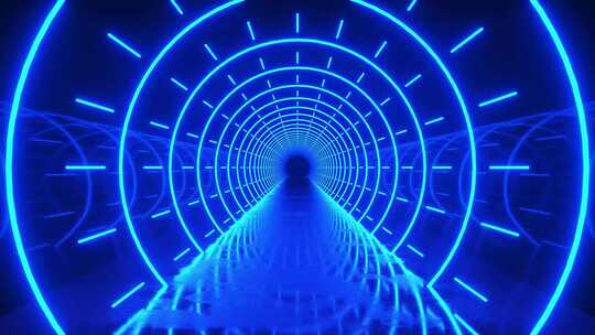 环状蓝色霓虹灯3D隧道视觉动画视频