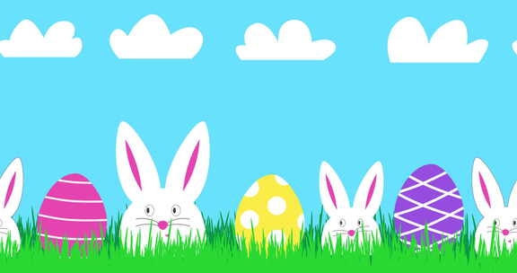复活节快乐动画横幅与三只有趣的白兔和彩色