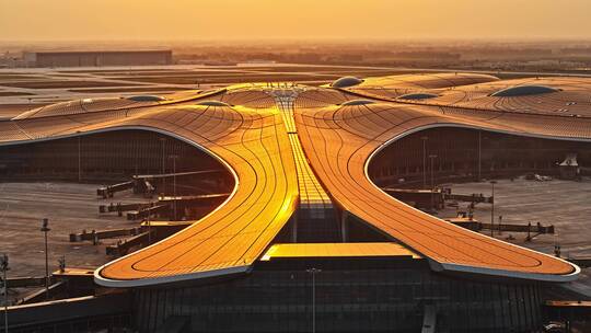 航拍北京大兴机场日出视频素材模板下载