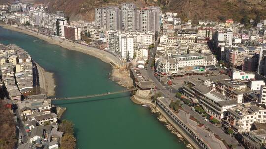 四川泸定县城泸定桥大渡河航拍原素材