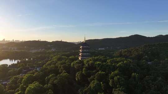 杭州西湖雷峰塔日出航拍