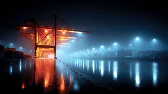 夜色笼罩下的港口码头繁忙而有序