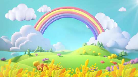 3d卡通背景，彩虹，白云和草地