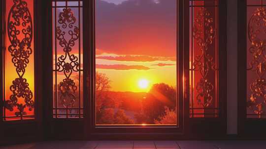 窗户外的夕阳阳光午后阳光