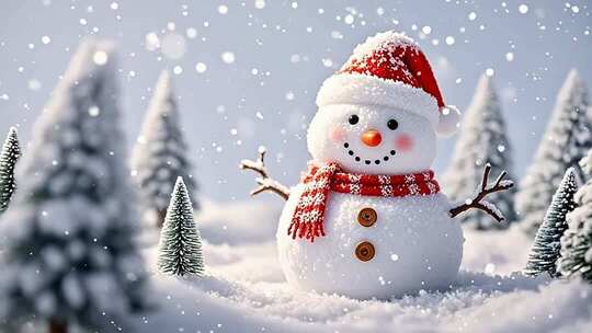 戴圣诞帽的雪人雪景