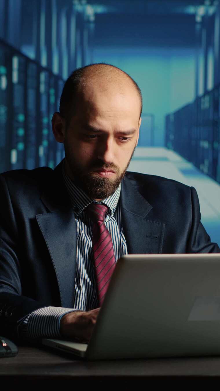 垂直视频数据中心技术员在服务器机房工作感到疲倦