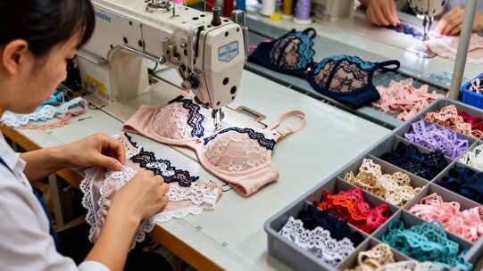 制衣厂工人缝制女士内衣