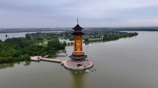 江苏省泰州溱湖景区古寿圣寺航拍