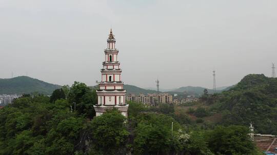 航拍江华豸山寺公园凌云塔宝塔镇河妖