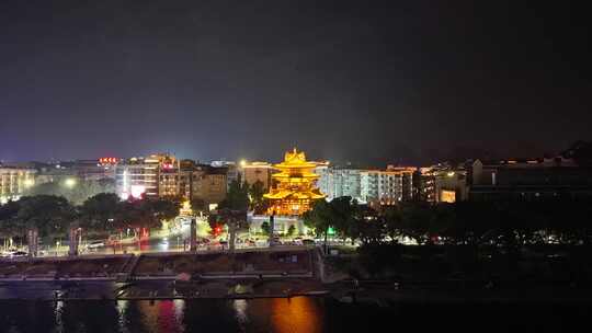 广西桂林逍遥楼夜景航拍