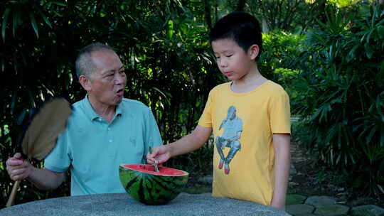 炎热夏天树下乘凉 老爷爷和孙子一起吃西瓜