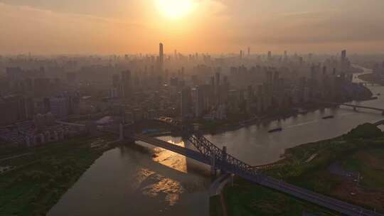 武汉汉江湾大桥日出4K航拍