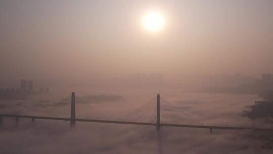 蔡家大桥早晨日出云海汽车在桥上开过