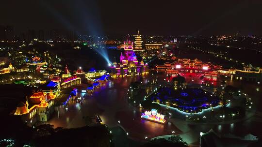 厦门方特梦幻王国游乐园夜景航拍视频素材模板下载