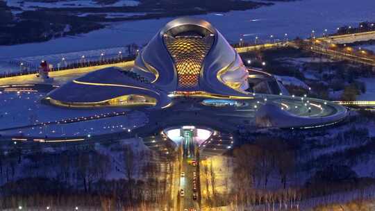中国黑龙江哈尔滨大剧院冬季夜景航拍