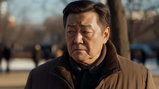 一位神情凝重的亚洲长者在户外思索