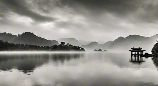 山水间古风亭台湖景