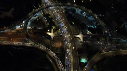航拍福建福州城市交通高架桥夜景