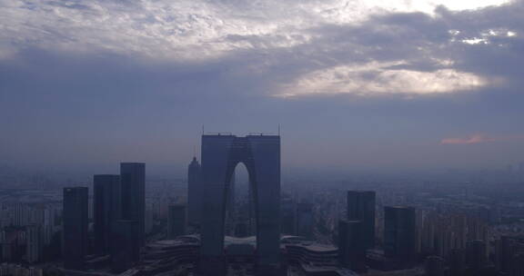 城市航拍 苏州东方之门 阴 摇楼群群景 近景