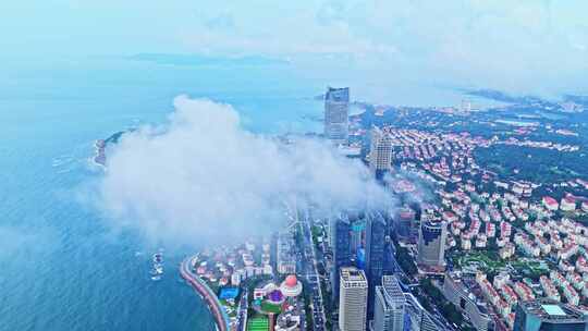 中国山东青岛城市航拍海边繁华城市高楼鸟瞰