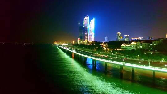 航拍演武大桥世茂海峡双子大厦夜景视频素材模板下载