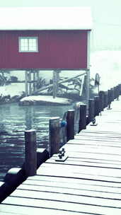 寒冷的挪威海上带红房子的旧木码头
