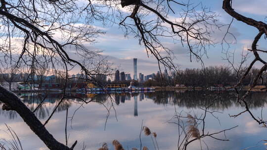 北京绿色城市湖面城市倒影