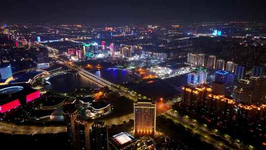 航拍扬州西区明月湖大桥夜景京华城商圈全景