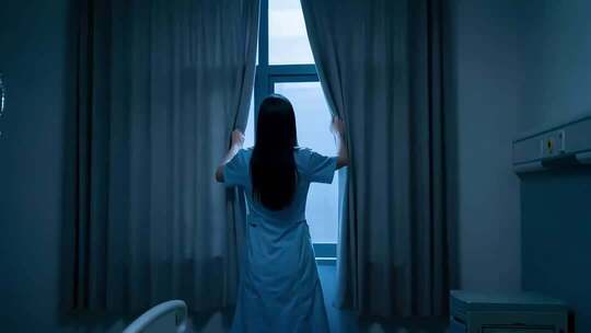 医院内女子拉开窗帘场景
