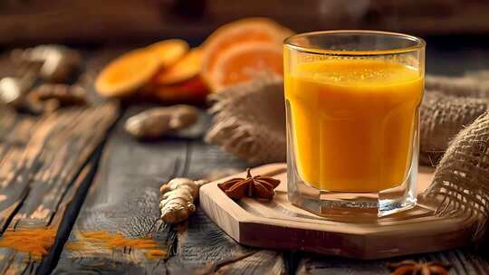 木桌上的一杯橙汁及周边食材