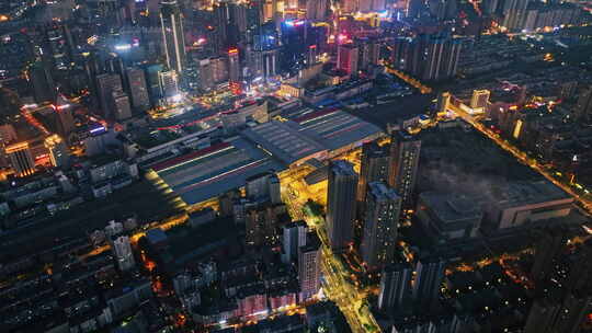 辽宁沈阳北站火车站CBD繁华城市夜景航拍视频素材模板下载