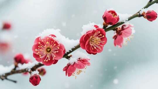 雪中盛开的红色梅花