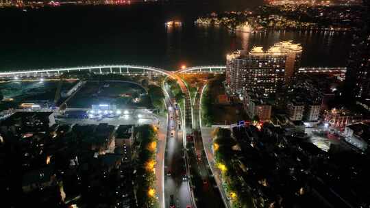 厦门思明区航拍市区市中心夜晚夜景车流交通视频素材模板下载