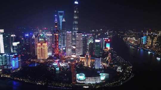 繁华的上海陆家嘴金融中心夜景航拍