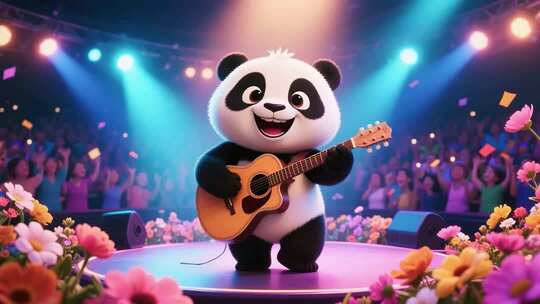熊猫玩电吉他与乡村生活舞台秀