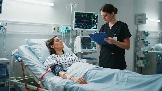 护士在医院病房与病人交流