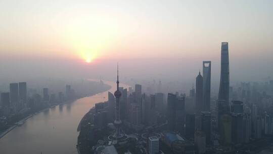 上海陆家嘴外滩黄浦江轮渡地标建筑日出航拍