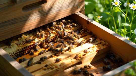 蜂箱内忙碌的蜜蜂特写