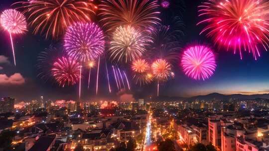 城市夜空绽放绚丽烟花