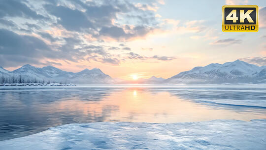 天池长白山黄昏落日夕阳结冰湖面唯美风景
