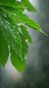 【竖屏】雨水雨滴落在绿色的树叶上