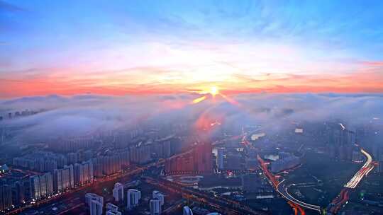 城市日出云海航拍全景