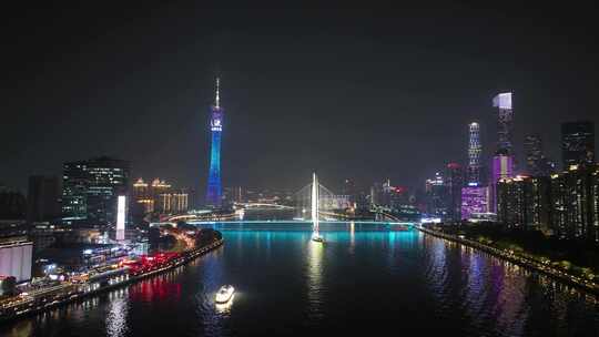 广州塔珠江夜景航拍猎德大桥夜晚江滨风光