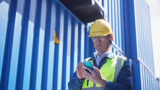 中年男人工程师在商业港口集装箱码头用手机