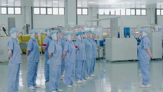 车间女工班前会复工复产产业工人列队集合